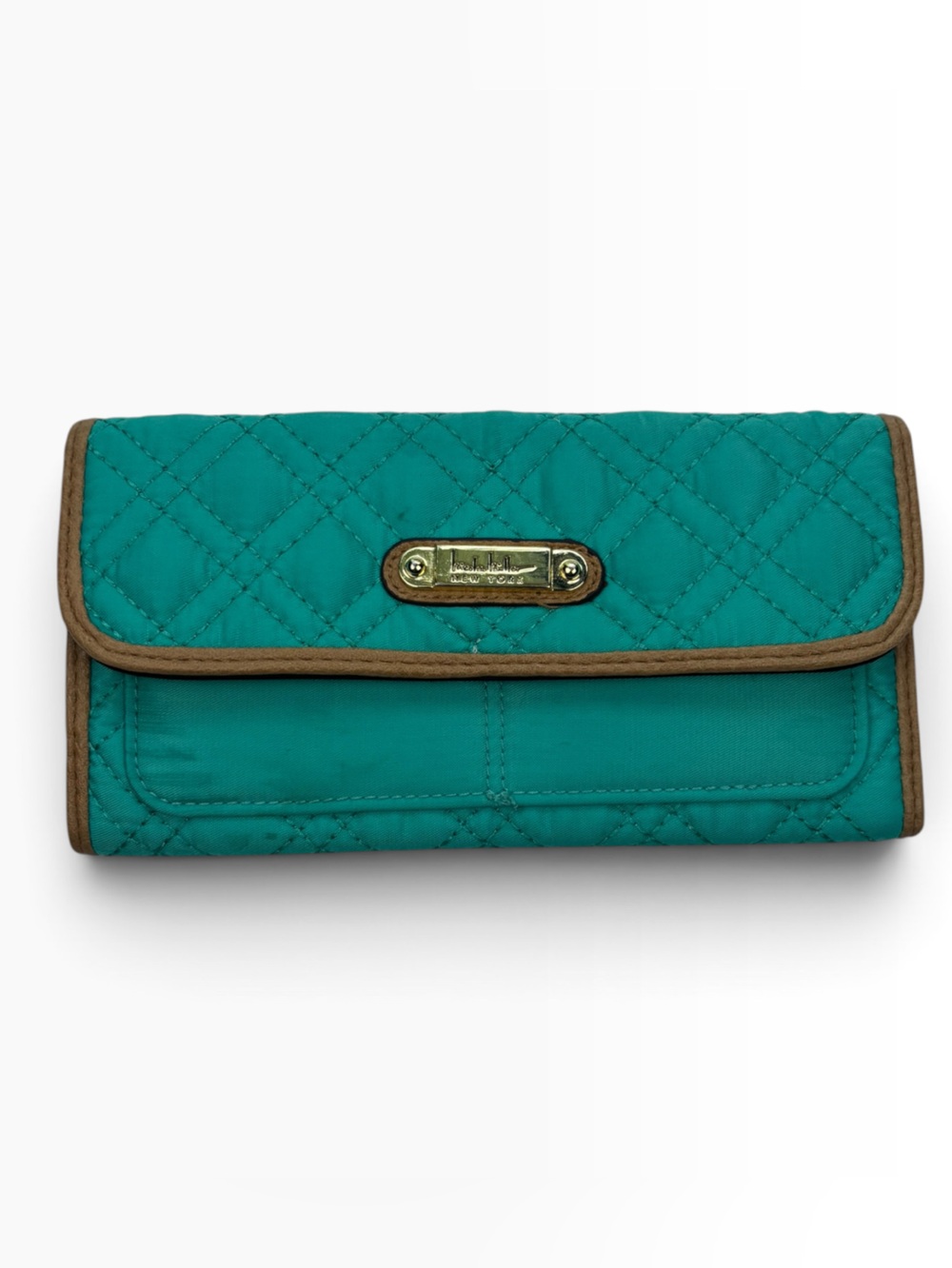 Nicole Miller Teal Quilted Wallet Tri Fold Fabric Wallet with Gold Plate